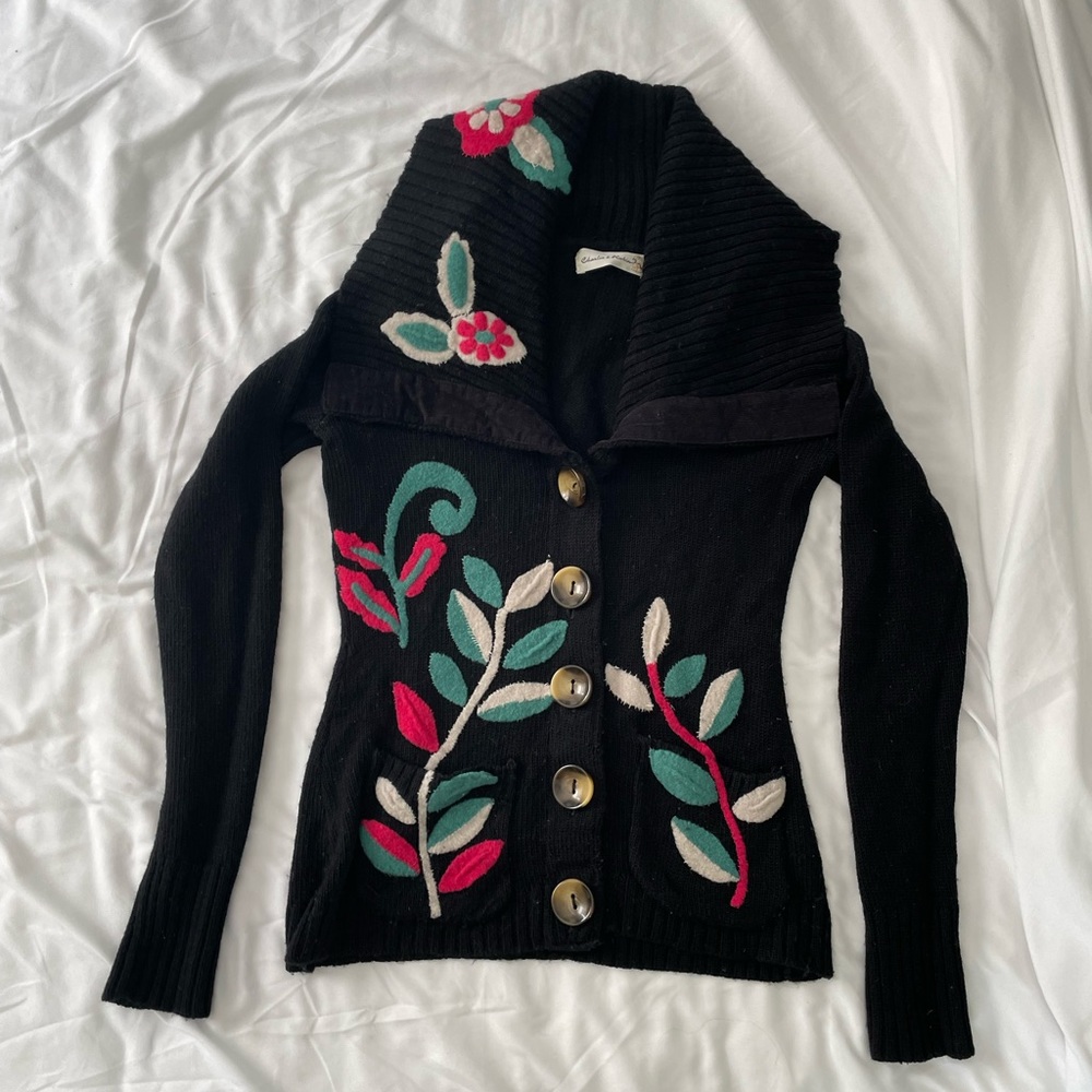 Vintage Anthropologie Charlie & Robin Shawl Collar Sweater with Flowers, Size S!